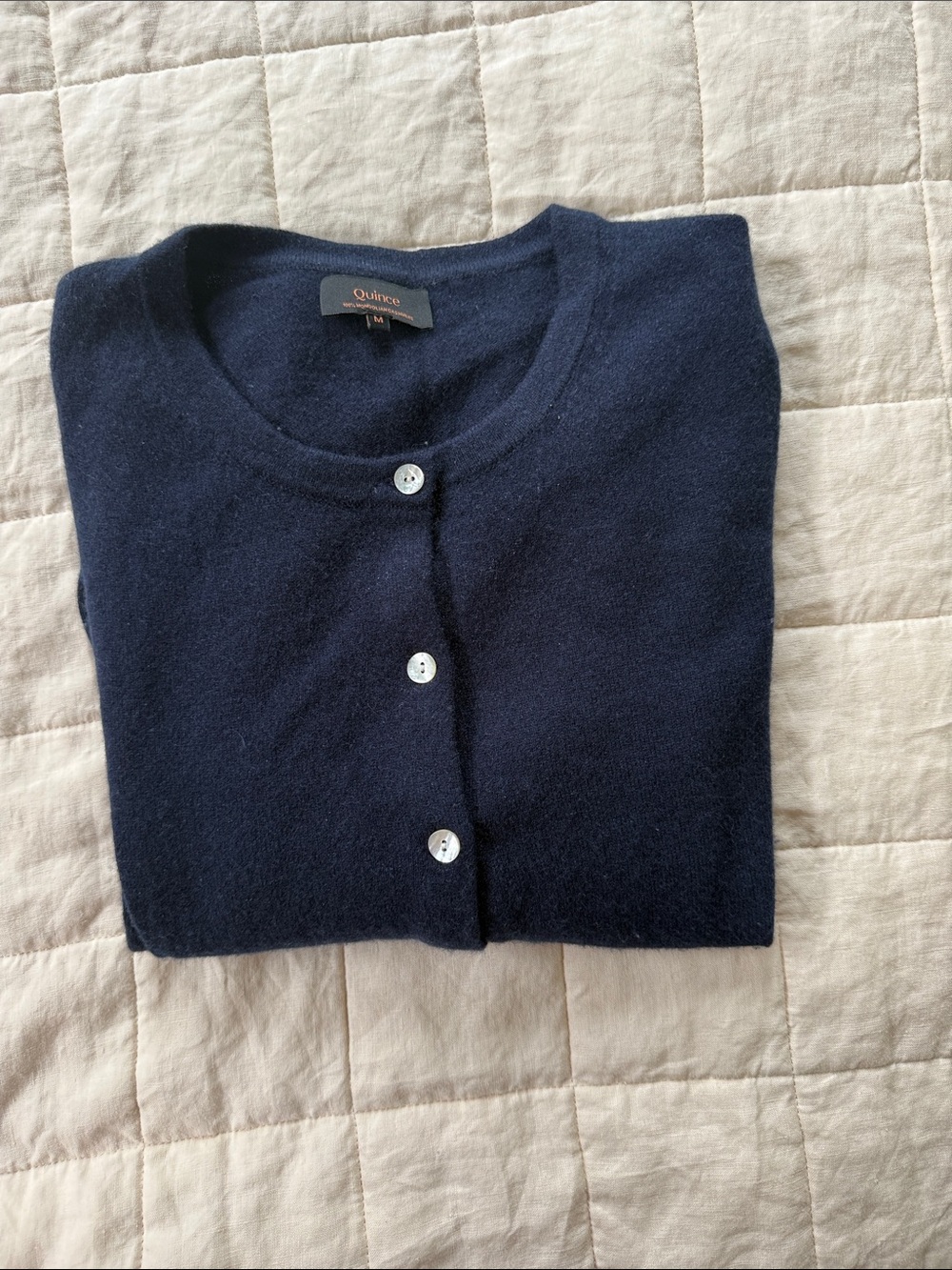 Quince Women's Navy Button-Front Cashmere Crewneck Cardigan